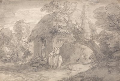 Boslandschap met figuren buiten een huisdeur door Thomas Gainsborough